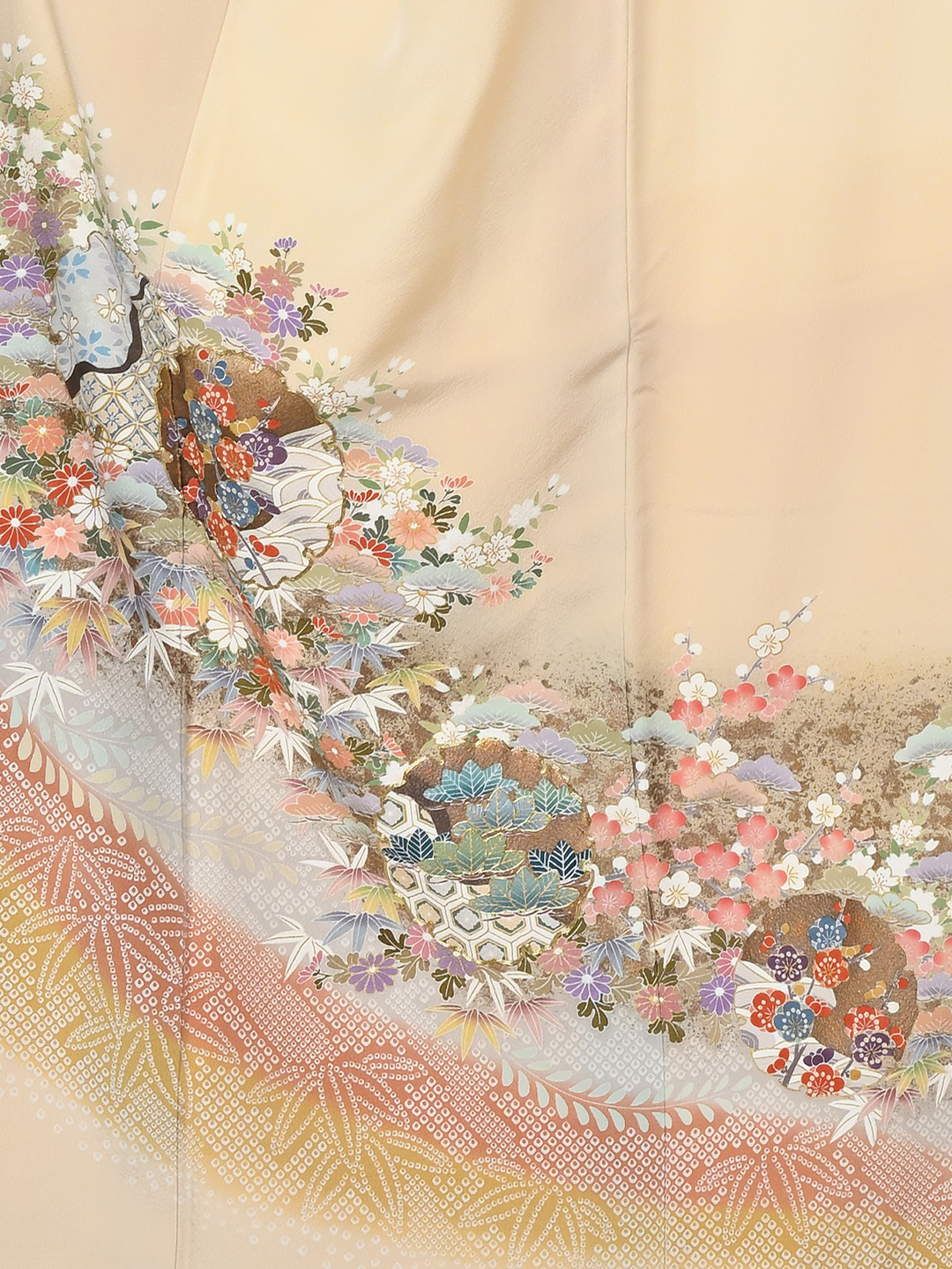 【L】 クリーム色雪輪に四季花絞り笹